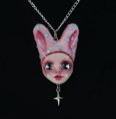 Handmade sprinkle bunny doll face necklace (unique)