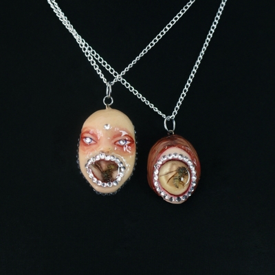 Handmade doll face necklace with real wasp in mouth necklace (unique)