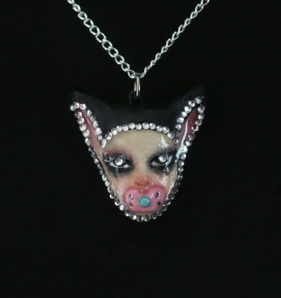 Handmade mouse doll face bedazzled necklace (unique)