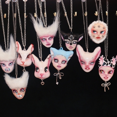 Handmade mouse doll face bedazzled necklace (unique)