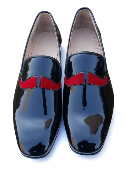 Crafted Leather Classic Black/Red Patent Leather and Mustache Slippers Dress Shoes