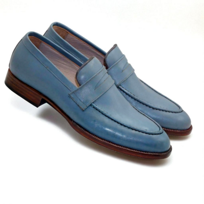 Crafted Leather Classic Men Blue Leather Loafers Dress Shoes