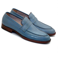 Crafted Leather Classic Men Blue Leather Loafers Dress Shoes - Thumbnail 1
