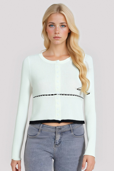 Contrast lace round neck chip cardigan long sleeves cropped cardigan