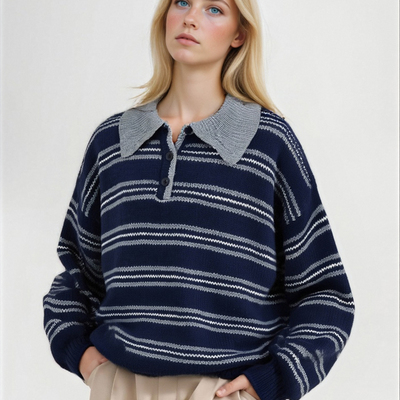 Striped polo collar sweater knitted cardigan women's fashion casual lazy long sleeve pullover top