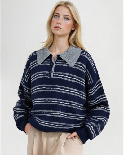Striped polo collar sweater knitted cardigan women's fashion casual lazy long sleeve pullover top