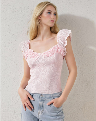 Off-the-shoulder ruffled top with lace jacquard pleated T-shirt