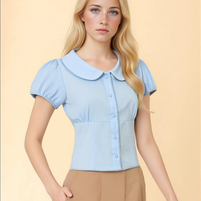 Doll collar shirt solid color age-reducing puff sleeve waist tie short blouse