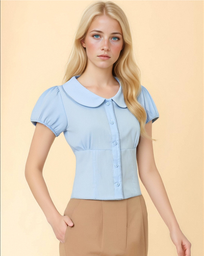 Doll collar shirt solid color age-reducing puff sleeve waist tie short blouse