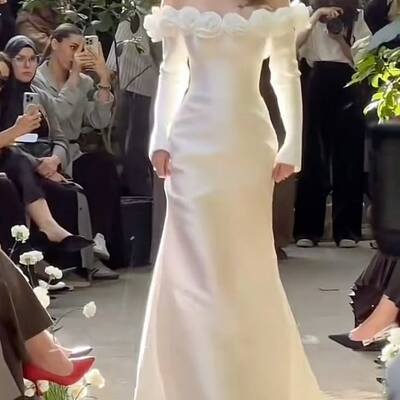 Mermaid wedding dress, 3d handmade flowers floral satin bridal dress bridal gown