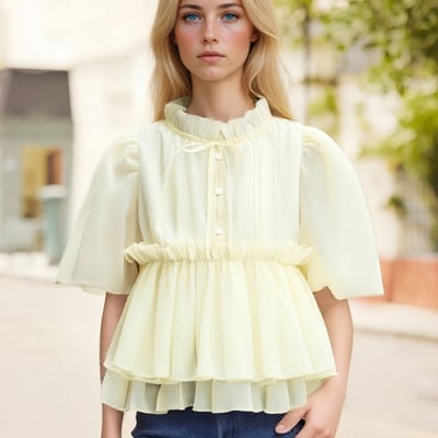 Square collar flower sleeves tie short sleeves casual baby doll blouse