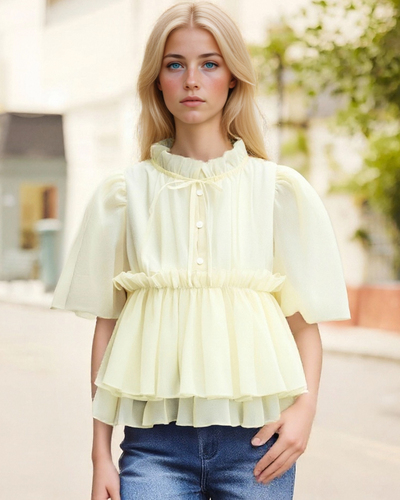 Square collar flower sleeves tie short sleeves casual baby doll blouse