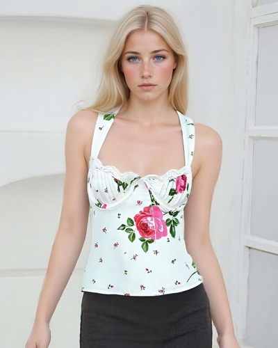 Satin Rose Print Lace Panel Halter Top