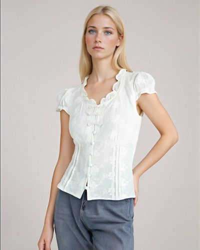 Retro romantic lace V-neck embroidered buttoned waist top