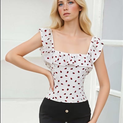 Retro style ruffled sexy square collar exposed collarbone strawberry print shirt