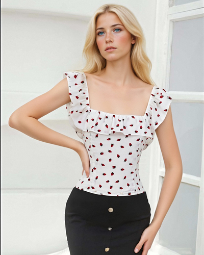 Retro style ruffled sexy square collar exposed collarbone strawberry print shirt