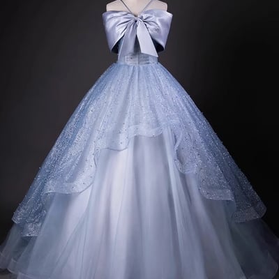 Elegant blue tulle long a-line prom evening dress - Thumbnail 2
