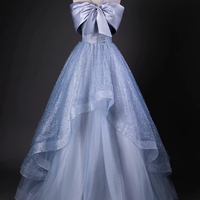 Elegant Blue Tulle Long A-Line Prom Evening Dress - Thumbnail 6