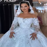 Wedding Dresses White Bridal Gowns A Line O-Neck Long Sleeve Sequins Applique Beaded New Custom Plus Size Lace Up Ivory Illusion Sequin - Thumbnail 2