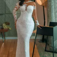 Off White Bridal Gowns, White Satin Wedding Dresses: Mermaid Trumpet Bridal Gowns, O-Neck Long Sleeve Satin Wedding Dress with Applique, Beaded - Thumbnail 1