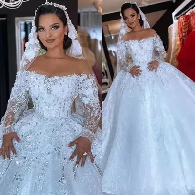 Wedding Dresses White Bridal Gowns A Line O-Neck Long Sleeve Sequins Applique Beaded New Custom Plus Size Lace Up Ivory Illusion Sequin
