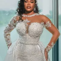 Off White Bridal Gowns, White Satin Wedding Dresses: Mermaid Trumpet Bridal Gowns, O-Neck Long Sleeve Satin Wedding Dress with Applique, Beaded - Thumbnail 2