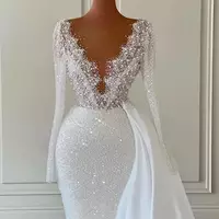 Bridal Gowns Sparkly Mermaid Wedding Dresses Pearls Beading Sheer V Neck Long Sleeve Beads Robe De Soiree - Thumbnail 1