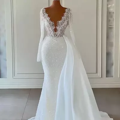 Bridal gowns sparkly mermaid wedding dresses pearls beading sheer v neck long sleeve beads robe de soiree