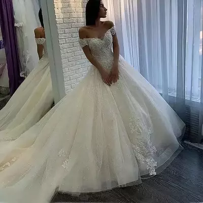White Ball Gown Wedding Dresses Ivory Lace Bridal Gowns Formal Applique  Lace Up New Custom Plus Size Tulle Off-Shoulder Sweetheart Beaded