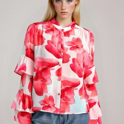 Simple holiday style casual chiffon lace sleeves layered shirt