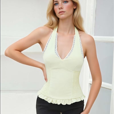 Retro v-neck halter neck elastic waist vest