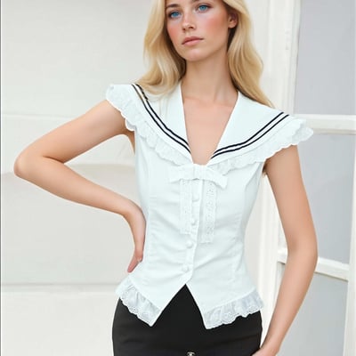 Navy collar lace shirt top