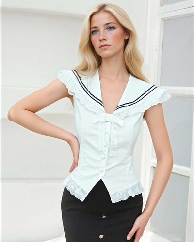 Navy collar lace shirt top