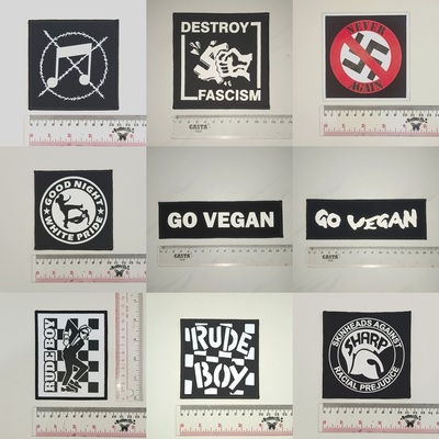Anti music symbol patch, destroy fascism patch, never again patch, go vegan patch, slogan patch, ska patch, rude boy patch, sharp patch