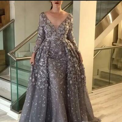 Vintage gray mother of the bride dresses, a line long sleeves formal godmother evening wedding party guests gowns plus size 
