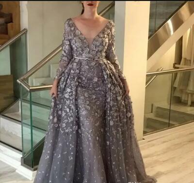 Vintage Gray Mother of the Bride Dresses, A Line Long Sleeves Formal Godmother Evening Wedding Party Guests Gowns Plus Size 