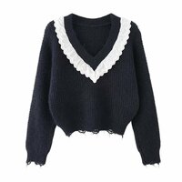 Lace Panel V-Neck Lace Pullover Knit Sweater - Thumbnail 2