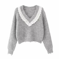 Lace Panel V-Neck Lace Pullover Knit Sweater - Thumbnail 3