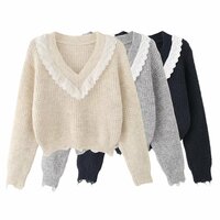 Lace Panel V-Neck Lace Pullover Knit Sweater - Thumbnail 1