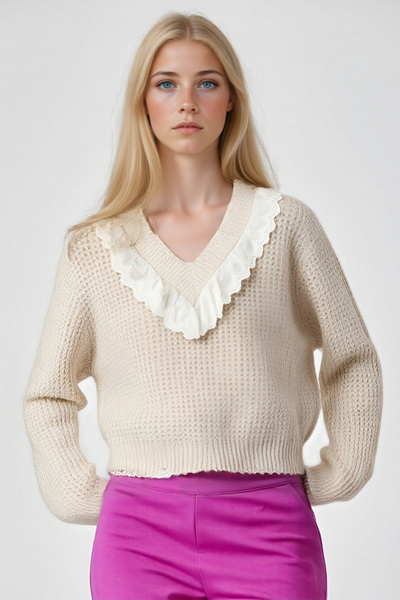 Lace Panel V-Neck Lace Pullover Knit Sweater