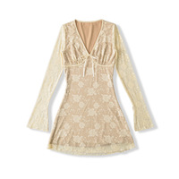 Sexy deep V-neck lace jacquard long-sleeved dress with waist - Thumbnail 1