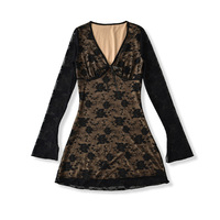 Sexy deep V-neck lace jacquard long-sleeved dress with waist - Thumbnail 2