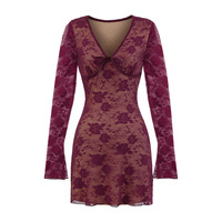 Sexy deep V-neck lace jacquard long-sleeved dress with waist - Thumbnail 3