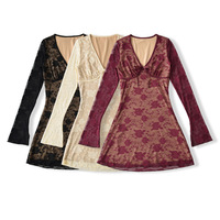 Sexy deep V-neck lace jacquard long-sleeved dress with waist - Thumbnail 4