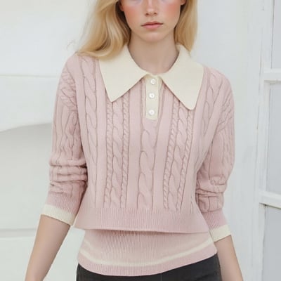 Lazy style sweet casual contrast color lapel two-piece sweater fashion suit - Thumbnail 4