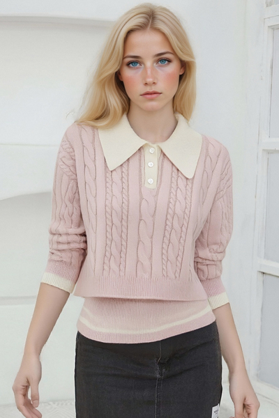 Lazy style sweet casual contrast color lapel two-piece sweater fashion suit