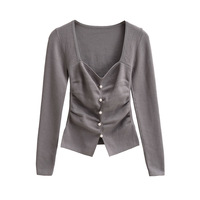 Sexy Square Neck Pearl Button Pleated Cardigan - Thumbnail 1