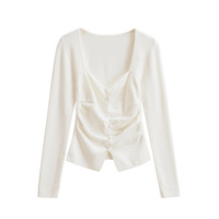 Sexy Square Neck Pearl Button Pleated Cardigan - Thumbnail 2