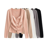 Sexy Square Neck Pearl Button Pleated Cardigan - Thumbnail 5