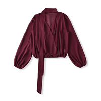 Gentle style ribbon V-neck long-sleeved waisted casual shirt - Thumbnail 1